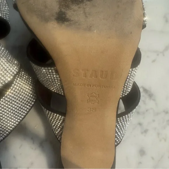 Staud Sonny Rhinestone Sandals Black Multi Strap Slides Heels Size EU 38 8 US - Picture 8 of 11